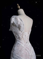 Romantic High Low One Shoulder Lace White Long Wedding Dresses