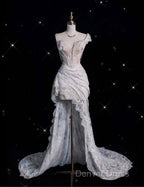 Romantic High Low One Shoulder Lace White Long Wedding Dresses