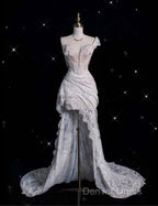 Romantic High Low One Shoulder Lace White Long Wedding Dresses