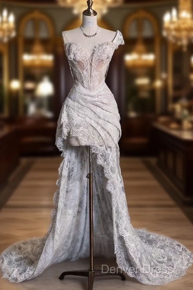 Romantic High Low One Shoulder Lace White Long Wedding Dresses Main image