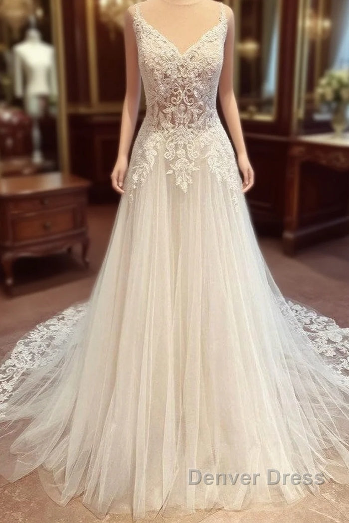 Romantic Long A Line Spaghetti Straps Appliques Lace Backless Wedding Dresses