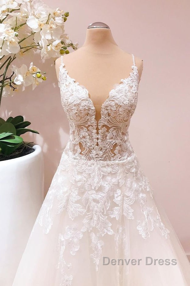 Romantic Long A-line Spaghetti Straps Appliques Lace Tulle Wedding Dresses Secondary image