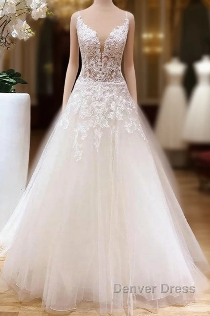 Romantic Long A Line Spaghetti Straps Appliques Lace Tulle Wedding Dresses