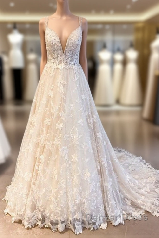 Romantic Long A-Line Sweetheart Appliques Lace Tulle Wedding Dresses Main image