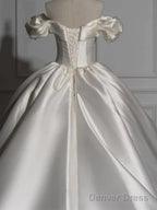 Romantic Off Shoulder Ball Gown Satin Wedding Dress,