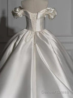Romantic Off Shoulder Ball Gowns Satin Wedding Dresses,