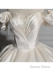Romantic Off Shoulder Ball Gown Satin Wedding Dress,