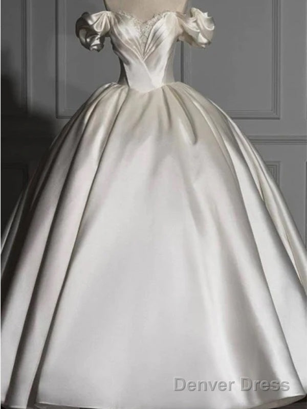 Romantic Off Shoulder Ball Gown Satin Wedding Dress, Main image