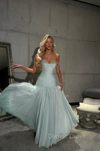 Romantic Off-The-Shoulder Chiffon Sleeveless Prom Dresses Beads Pleats With Zipper