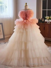 Romantic Pink Tulle Ball Gown Ombre Tiers Prom Dress