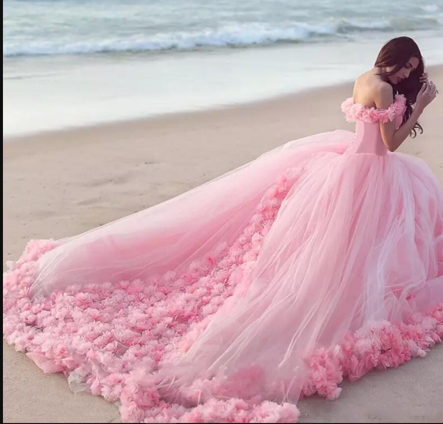 Romantic Poofy Pink Floral Wedding Dress Off The Shoulder Ball Gowns Quinceanera Dresses Secondary image