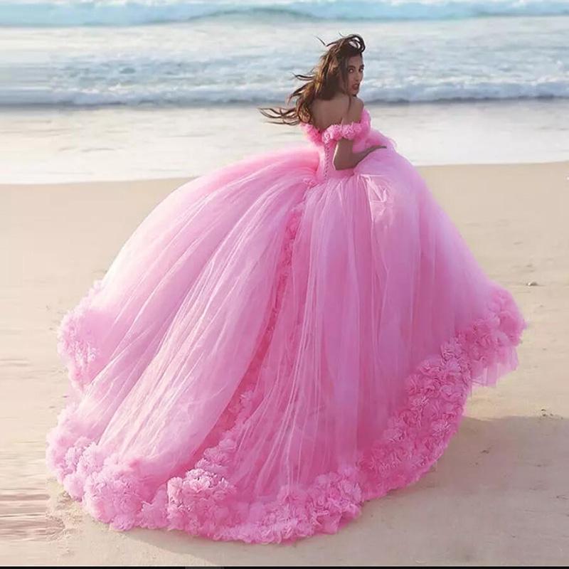 Romantic Poofy Pink Floral Wedding Dress Off The Shoulder Ball Gowns Quinceanera Dresses
