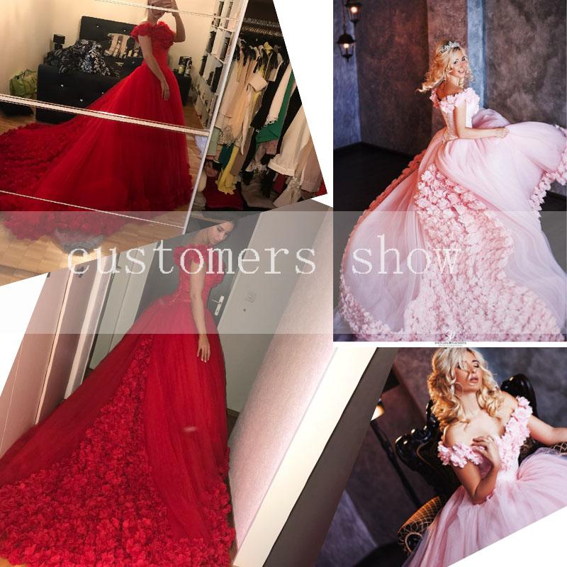 Romantic Poofy Pink Floral Wedding Dress Off The Shoulder Ball Gowns Quinceanera Dresses