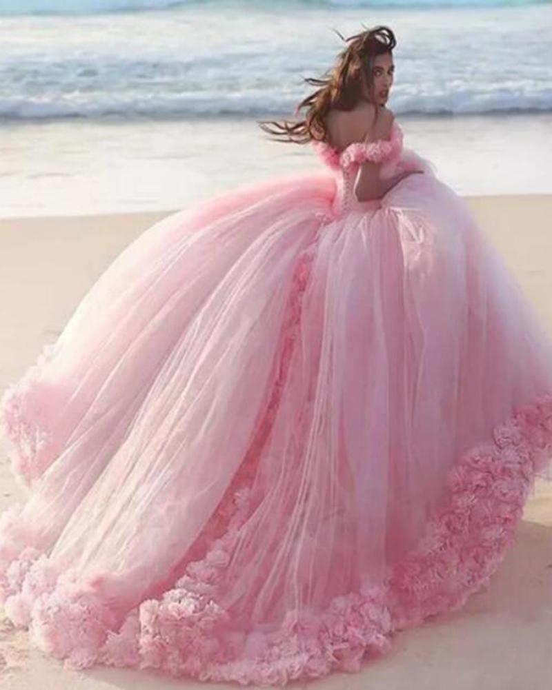 Romantic Poofy Pink Floral Wedding Dress Off The Shoulder Ball Gowns Quinceanera Dresses Main image