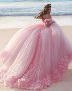 Romantic Poofy Pink Floral Wedding Dress Off The Shoulder Ball Gowns Quinceanera Dresses