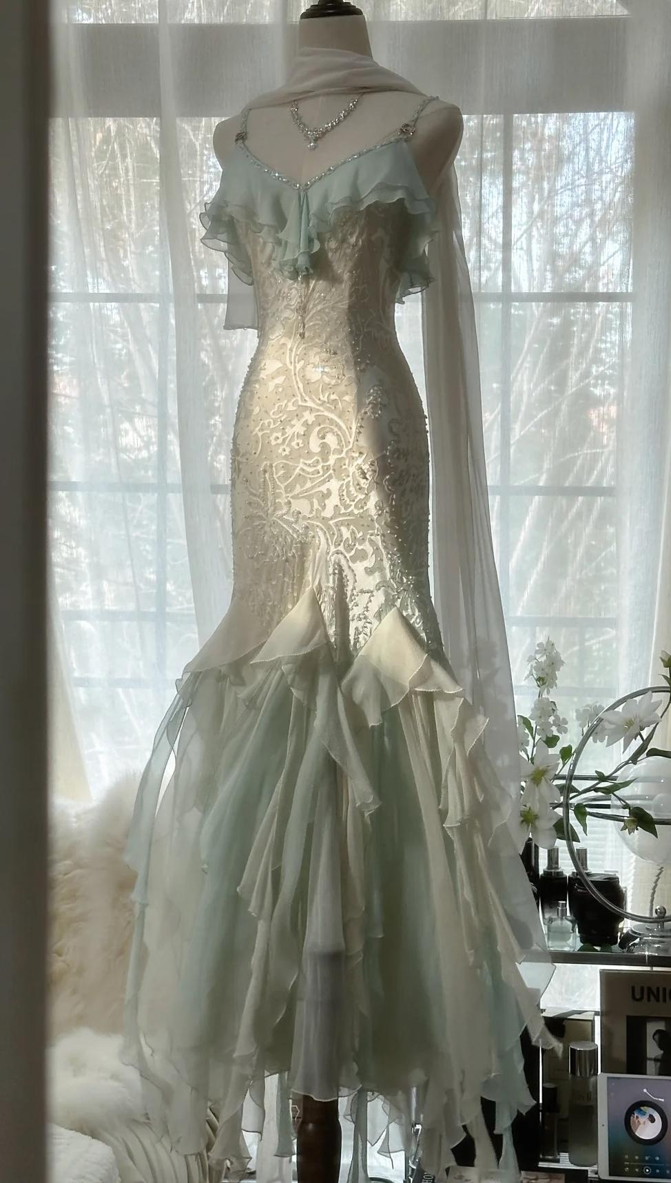 Romantic Vintage Mint Green Chiffon Mermaid Beaded Long Prom Dress Ruffled Fairytale Birthday Dresses Secondary image
