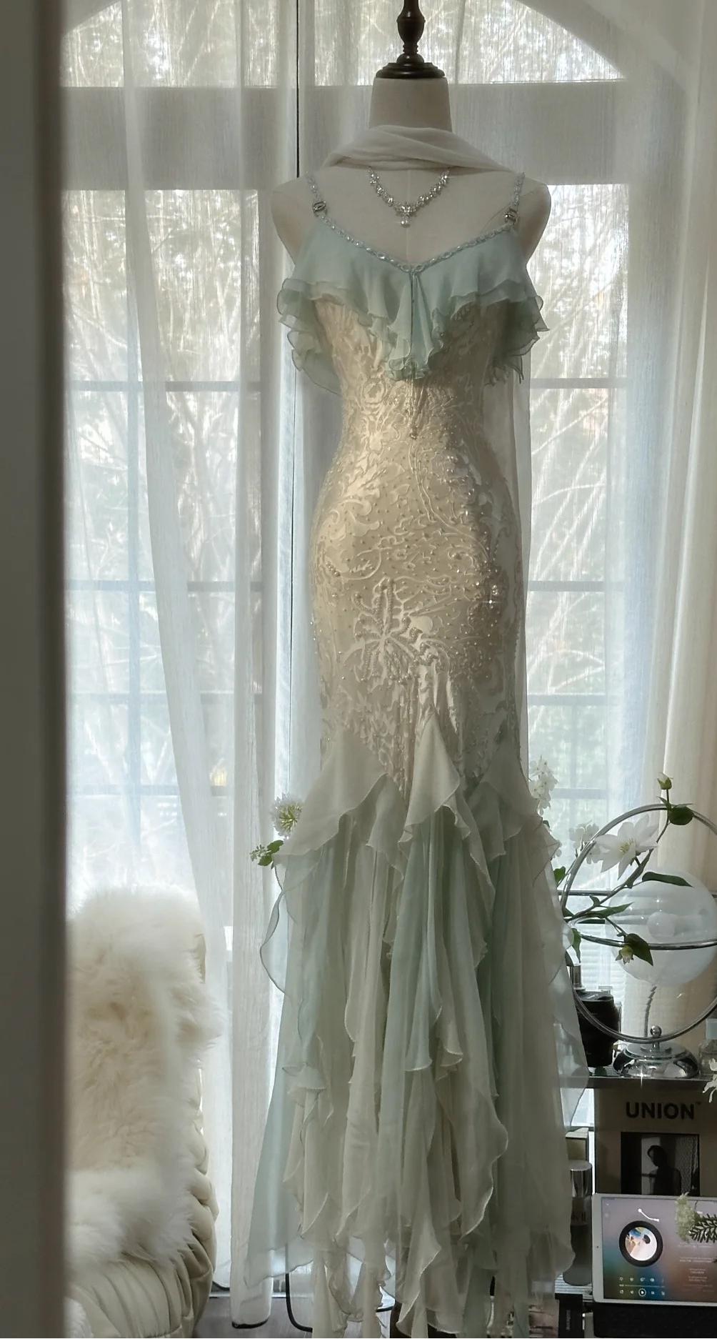 Romantic Vintage Mint Green Chiffon Mermaid Beaded Long Prom Dress Ruffled Fairytale Birthday Dresses Main image