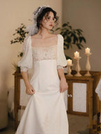 Romantic Wedding Gowns Bridal Dress A Line Square Neck Satin Wedding Dress Ivory Wedding Dresses Modest Wedding Gown