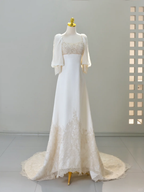 Romantic Wedding Gowns Bridal Dress A Line Square Neck Satin Wedding Dress Ivory Wedding Dresses Modest Wedding Gown
