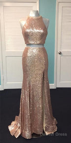 Rose Gold Sequin Two Piece Prom Dresses Mermaid Evening Gowns
