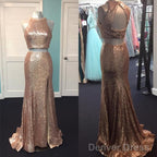 Rose Gold Sequin Two Piece Prom Dresses Mermaid Evening Gowns