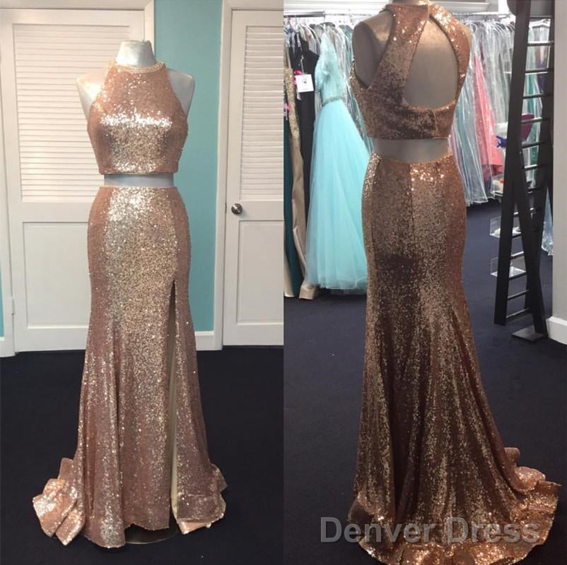 Rose Gold Sequin Two Piece Prom Dresses Mermaid Evening Gowns