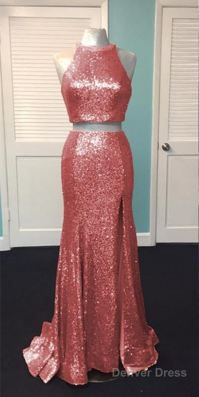 Rose Gold Sequin Two Piece Prom Dresses Mermaid Evening Gowns