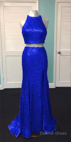 Rose Gold Sequin Two Piece Prom Dresses Mermaid Evening Gowns