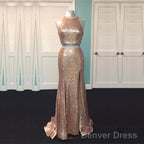 Rose Gold Sequin Two Piece Prom Dresses Mermaid Evening Gowns