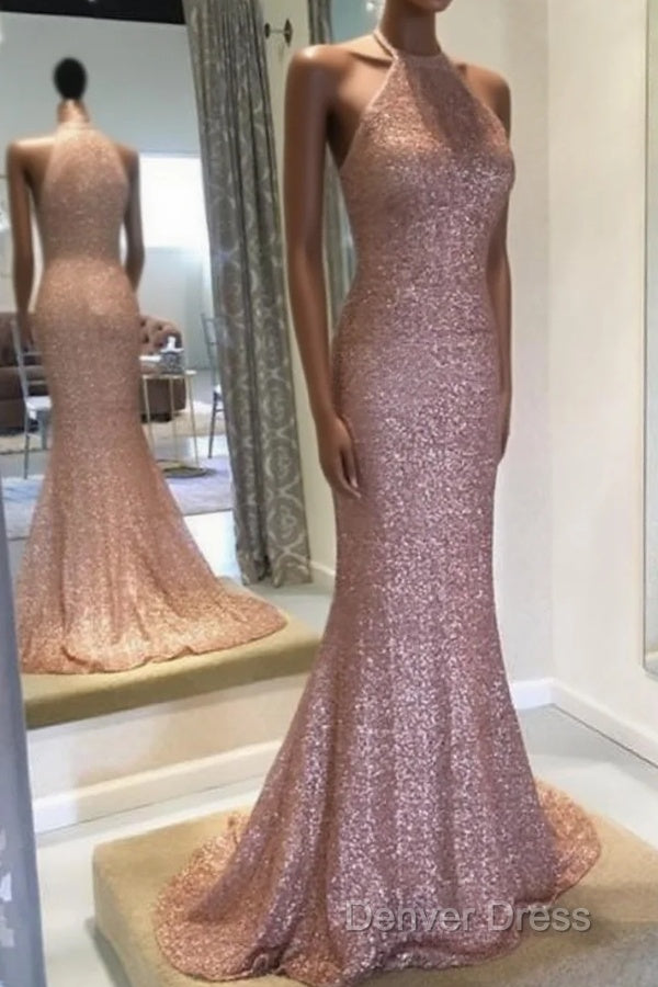 Rose Gold Sequins Halter Bridesmaid Dresses Long Mermaid Gowns Main image
