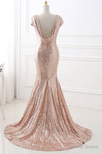 Rose Gold Sequins Long Bridesmaid Dresses with Cowl Back