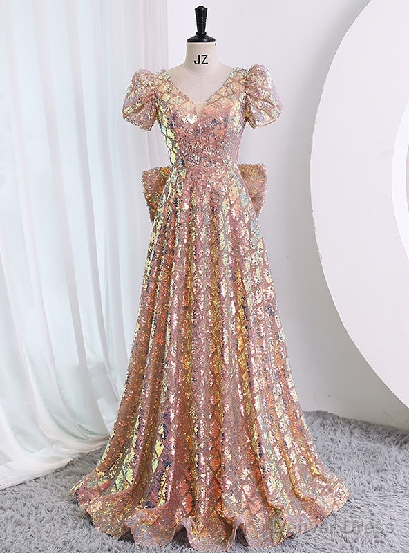 Rose Gold Sequins V-neck Short Sleeve Bow Prom Dress Main image