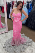 Rose Gold Sparkly Sequins Mermaid Long Prom Dresses