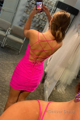 rose pink lace up tight homecoming dress