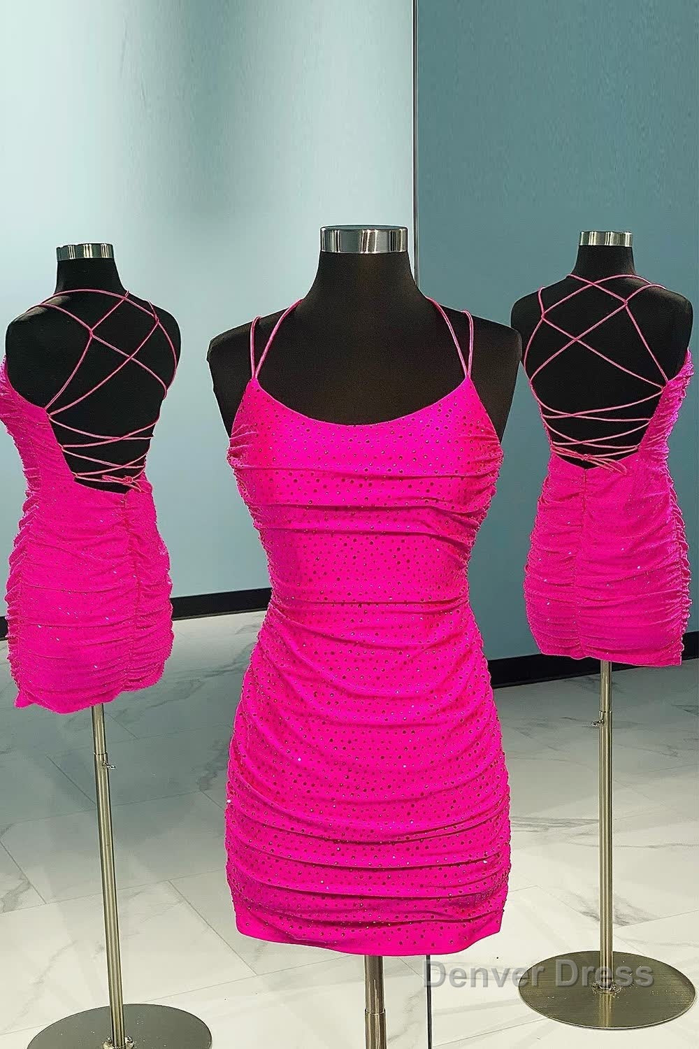 Rose Pink Lace Up Tight Homecoming Dresses