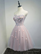 Rose Pink Short Floral Prom Dress, Short Graduation Homecoming Dresses with Beaded Flower
