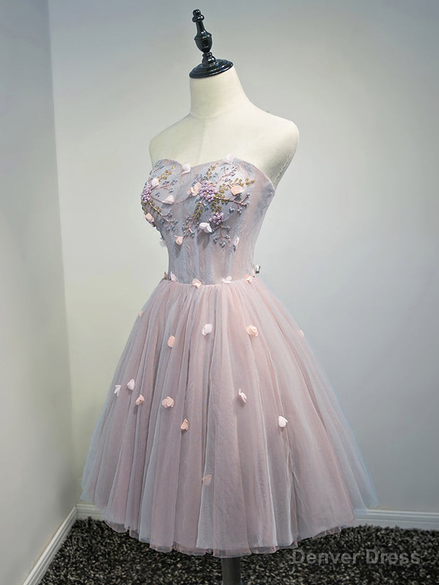 Rose Pink Short Floral Prom Dress, Short Graduation Homecoming Dresses with Beaded Flower