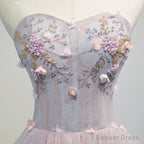 Rose Pink Short Floral Prom Dress, Short Graduation Homecoming Dresses with Beaded Flower