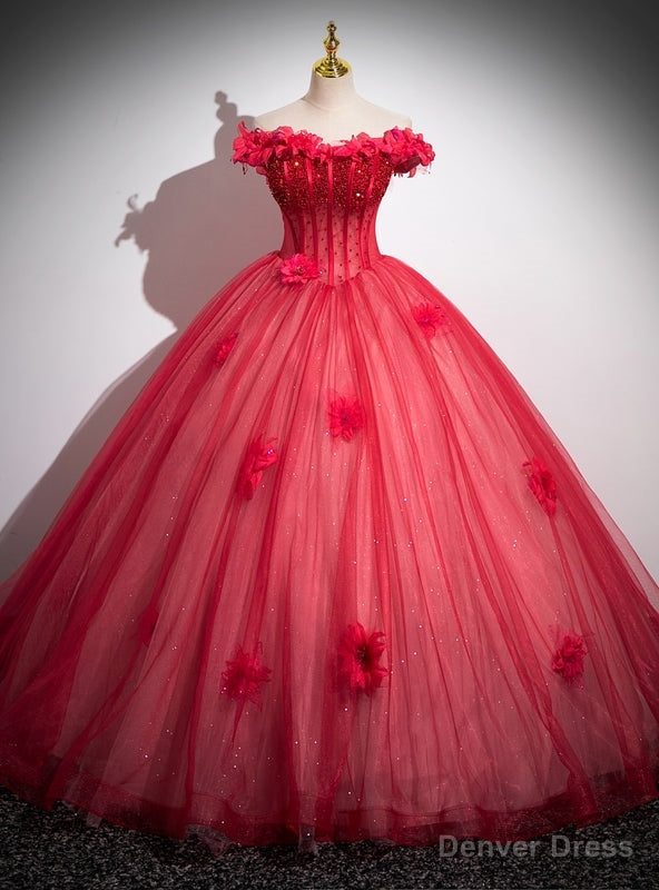 Rose Red Ball Gowns Tulle Beading Quinceanera Dresses Main image