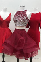 Round Neck 2 Pieces Short Burgundy Beaded Prom Dress, Two Pieces Short Burgundy Prom Homecoming Dresses