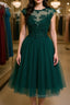 Round Neck Beaded Green Lace Short Prom Homecoming Dress, Short Green Lace Prom Graduation Prom Dresses