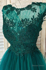 Round Neck Beaded Green Lace Short Prom Homecoming Dress, Short Green Lace Formal Graduation Evening Dress