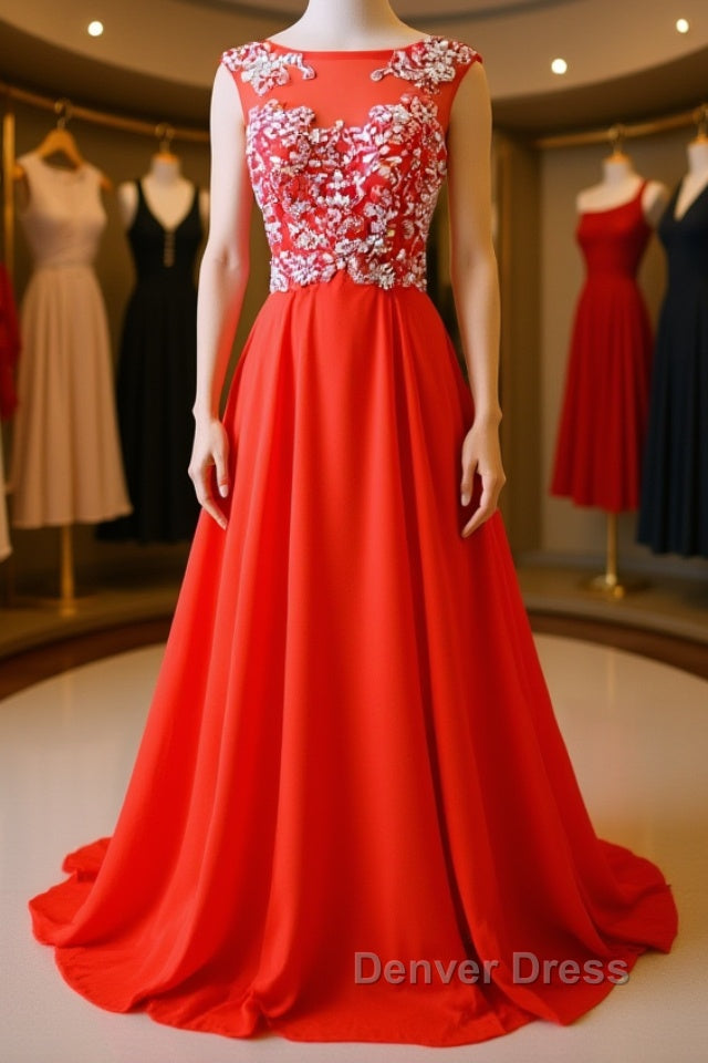 Round Neck Beaded Red Prom Dress, Red Prom Dress, Red Prom Dresses