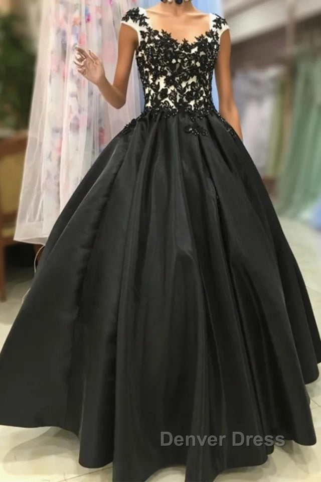 Round Neck Black Lace Floral Long Prom Dress, Black Lace Prom Dress with Appliques, Black Prom Dresses