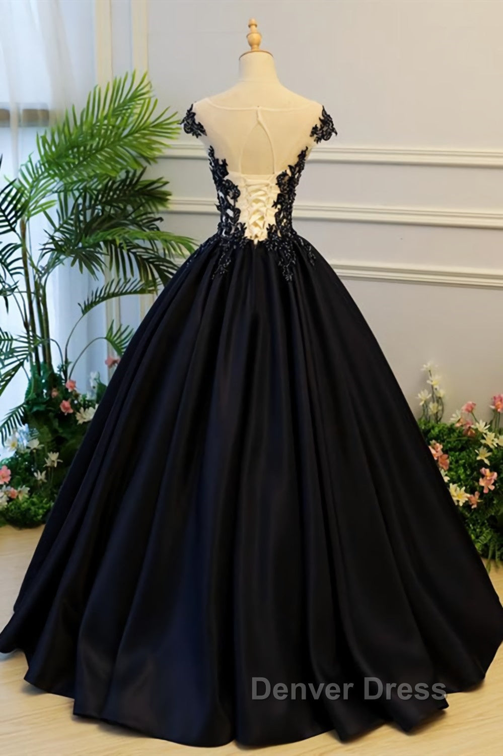 Round Neck Black Lace Floral Long Prom Dress, Black Lace Prom Dress with Appliques, Black Prom Dresses