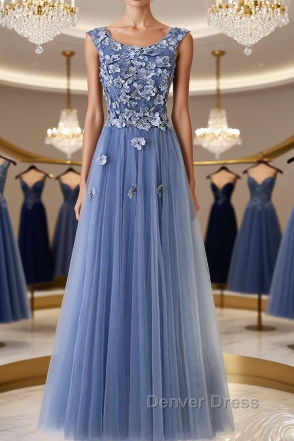 Round Neck Blue Lace Floral Long Prom Dress, Blue Lace Long Prom Dresses Main image