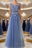 Round Neck Blue Lace Floral Long Prom Dress, Blue Lace Long Prom Dresses