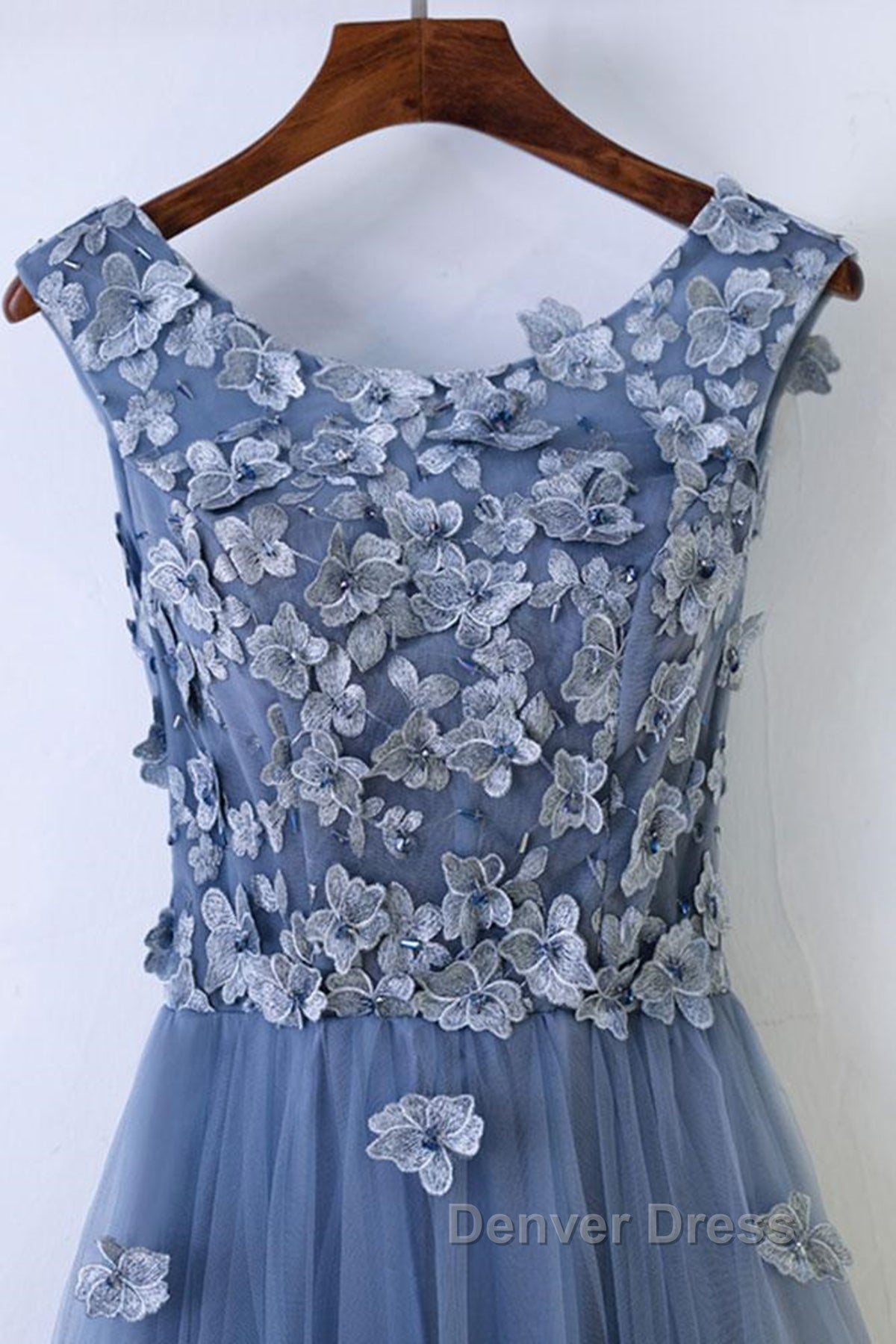 Round Neck Blue Lace Floral Long Prom Dress, Blue Lace Long Prom Dresses