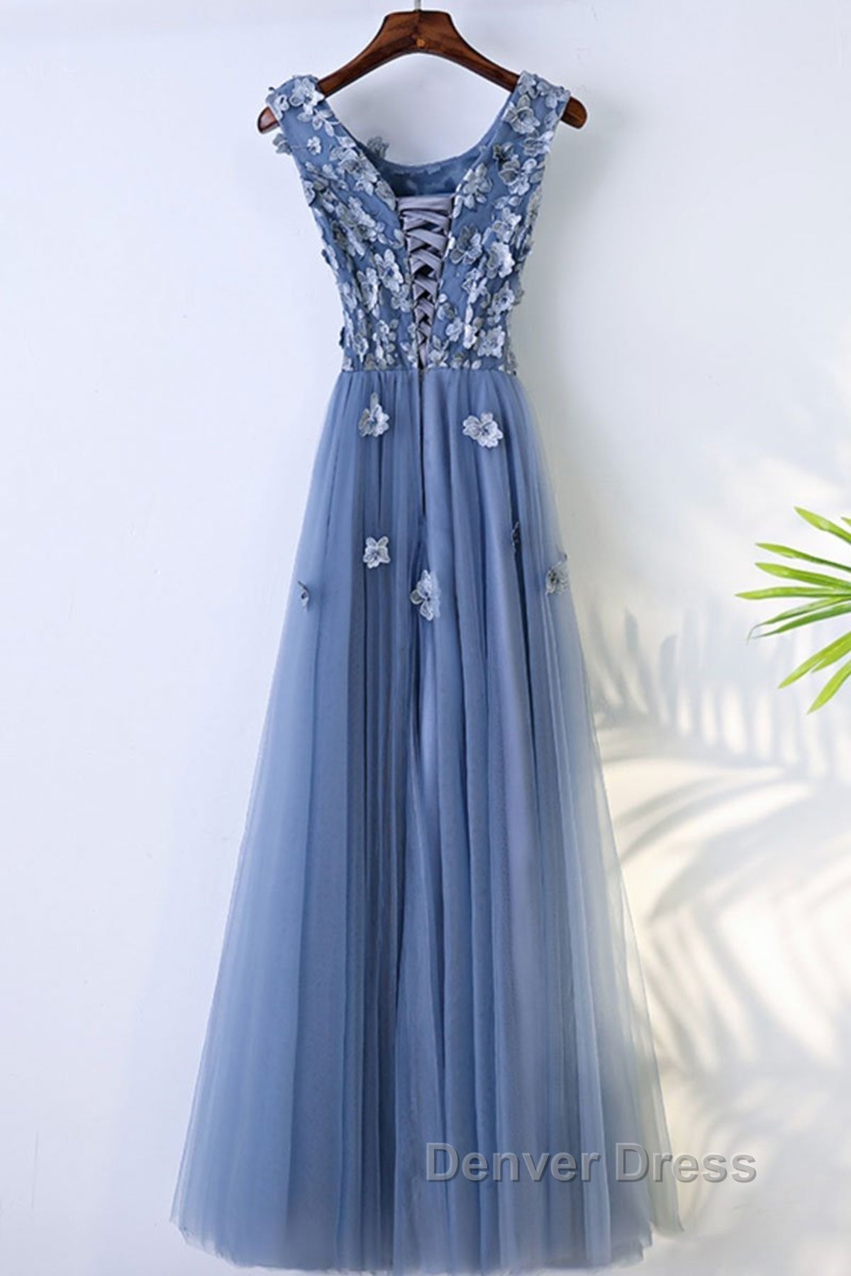 Round Neck Blue Lace Floral Long Prom Dress, Blue Lace Long Prom Dresses