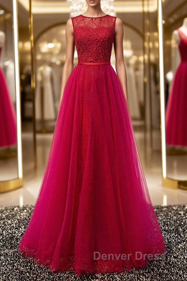 Round Neck Burgundy Beaded Prom Dress, Wine Red Beaded Prom Bridesmaid Dresses